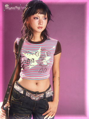 taobao agent Sassylove eye concealment 23SS split pentagram print versatile slim T -shirt purple gray stripes