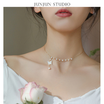 JUNJUN original super fairy butterfly natural white mother-of-pearl freshwater pearl American collarbone chain choker necklace two wear