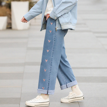 Girl love embroidered straight jeans junior high school students high school girls Korean version loose thin wide legs long pants