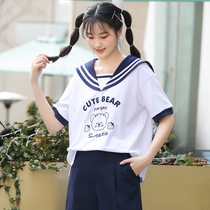 Junior high school students summer short sleeve T-shirt girls college style high school students summer jk navy collar jacket Japanese loose