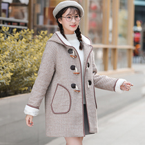Girl winter horn buckle plaid woolen coat winter dress college style junior high school students thick cotton wool jacket