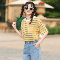 Junior high school students summer T-shirt High School loose Korean version of hooded stripe short sleeve summer dress girl half sleeve top