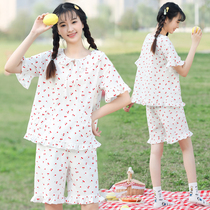 Girl big child summer pajamas two-piece sweet and cute Korean version of summer thin junior high school students home clothing set