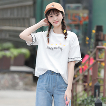 2020 Summer new T-shirt junior high school students loose Korean version of Joker petal sleeve girl Big Boy short sleeve shirt