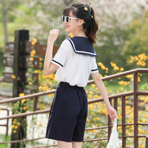Navy style coat female college junior high school students summer navy collar short sleeve shirt Japanese girl Big Boy T-shirt