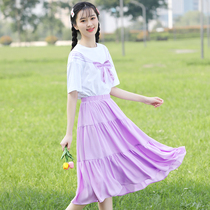 Girl summer dress suit high school junior high school student Big Boy 12-year-old girl Summer chiffon long skirt over the knee