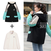 Junior high school students plus velvet coat high school girls thickened cotton-padded jacket autumn and winter cotton-padded clothes college style stitching color