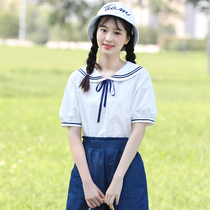 Girls academic style white shirt junior high school students short-sleeved female childrens summer summer cotton coat thin