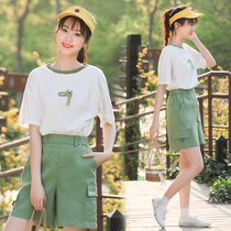 Junior high school students summer leisure suit loose Korean girl cartoon hipster high school students T-shirt two-piece set