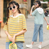 2020 popular summer sports suit junior high school student Girl short sleeve hooded T-shirt two-piece tide