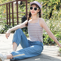 Girl summer sling small vest junior high school students play inside the bottom of the foreign style fashion stripes summer jacket wear tide