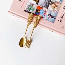 Vintage rose dessert spoon Coffee spoon cake spoon Stainless steel dessert fork Dessert fork Creative cute spoon fork