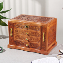 One-key-lock upscale solid wood carving flower multilayer first decoration box Chinese necklace earring hand ornament bedroom jewelry containing box