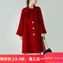 Pregnant woman red 100% wool coat double-sided woolen coat long big bow Korean New Year clothes