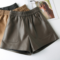 Sheepskin leather shorts women 2021 New European station high waist thin and versatile wide legs thin leather pants tide