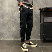2021 Spring and Autumn New Korean Mens Casual Pants Tide Brand Slim jeans Mens Small Feet Autumn Black Pants