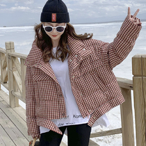 Anti-season down jacket womens short white duck down houndstooth stand-up collar jacket ins loose plaid bread suit tide clearance