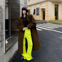 Curry-colored suit collar woolen coat womens autumn and winter long 2021 new cotton-padded woolen coat winter