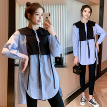  Pregnant womens new early autumn contrast color Feifei collar fashion sweet age-reducing wild pregnant women open buckle breastfeeding top