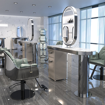  Fashion hair salon mirror table hair salon new simple stainless steel stone mirror table double-sided mirror with lamp hair salon special