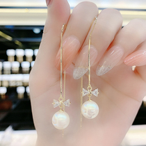 Design Sense Zircons Butterfly Knot Pearl Earrings Earrings Earrings Earrings Temperament Fashion 100 hitch a long-face slim-ear decorated woman