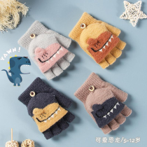 A childrens gloves winter warm boy five fingers little boy cartoon dinosaur primary school student half finger homework writer