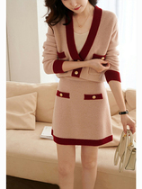  Canary Kiss Contrast knitted suit skirt Female temperament Xiaoxiang socialite wind cardigan jacket half skirt two-piece set