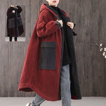 Corduroy large pocket plus velvet thickened hooded cotton coat 2021 autumn and winter new loose large size medium-long womens coat