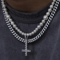 LUXTA Original Pearl White Cuban Chain Cascading Necklace Cross Pendant Hip Hop Mens and Womens Collarbone Sweater Chain