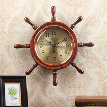American solid wood home hanging clock living room creative personality fashion boat helmsman clock New Chinese retro quartz clock