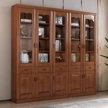 Solid wood bookcase Full solid wood bookcase bookcase with door New Chinese style free combination Three-door office glass door bookcase
