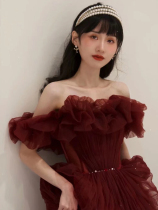 Straight Shoulder Toast to the Fugitive Princess Banquet Host Performance Wine Red Color Light Lavish High-end Fairy Evening Gown Dress