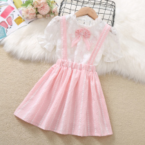Girl suit dress summer dress lace short sleeve girl strap dress Summer children two suit dress