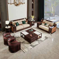New Chinese style solid wood sofa combination villa ebony wood leather modern light luxury leather large and small size living room furniture