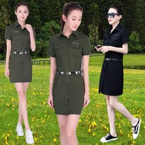 Lapel shirt military green dress womens short sleeve one step skirt 2021 summer new long shirt bag arm skirt