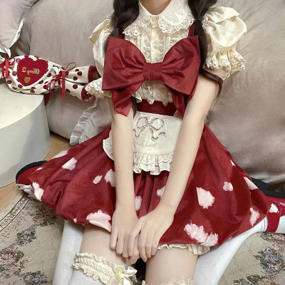 taobao agent Red apron, dress, cute set, Lolita style