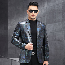 Haining leather leather mens short slim embossed sheep suit trend handsome leather jacket suit coat thin