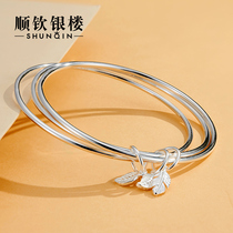 Shunqin silver building S9999 three life three sterling silver bracelet female three ring Leaf silver pendant handwear gift for girlfriend