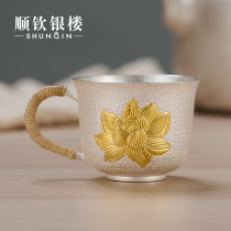 Shunqin silver building S999 sterling silver gilt teacup handmade silver cup teacup hammered cup tea set home delivery to elders