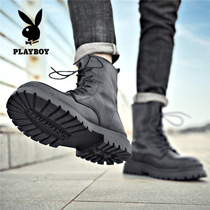 Playboy Martin boots male leather English wind Spring Autumn black locomotive mid-help tooling boots retro leather boots
