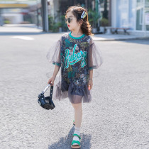  British eno next girls  Western style dress Middle and large childrens short-sleeved bubble sleeve mesh skirt two-piece skirt