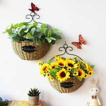 Woven Wall woven flower pot Green Lotus home decoration simulation flower straw woven wrought wrought flower basket handmade basket flower arrangement hanging