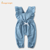 Baby denim strap pants cotton Korean version of female baby jumpsuit 0-1 year old newborn 3-6 months open crotch pants