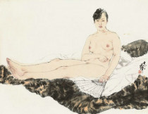 Art micro-spray He Jiaying (B 1957) song All Peach Blossom Fan bottom wind 39-30cm