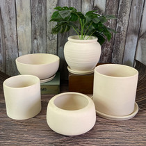 DIY white pottery pot hand painting breathable water absorption large diameter straight tube non-glazed fleshy INS with pottery tray