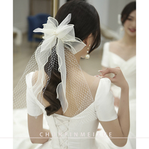 Bride Super fairy bow yarn headwear beautiful Korean style female short yarn satin French wedding dress with makeup accessories