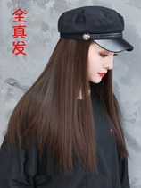 Real life hair wig hat one female detachable retro British navy hat fashion long straight hair full headgear