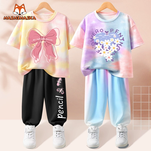 Комплект, летний сиреневый спортивный костюм для отдыха, летняя летняя одежда, детская одежда, в западном стиле, короткий рукав