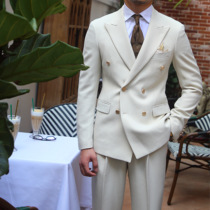 Mr Lu San mens slim banquet host wedding Apricot double-breasted suit suit Italian high-end suit trend