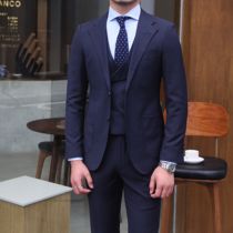 Mr. Lusan mens high-setting blue striped suit Italian style custom style four-season slim flat Barb collar three-piece suit